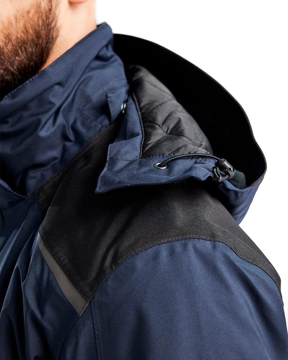 Arbeitsjacke Winter, Dunkel-Marineblau-Schwarz, verstellbare Kapuze und Stretcheinsätze