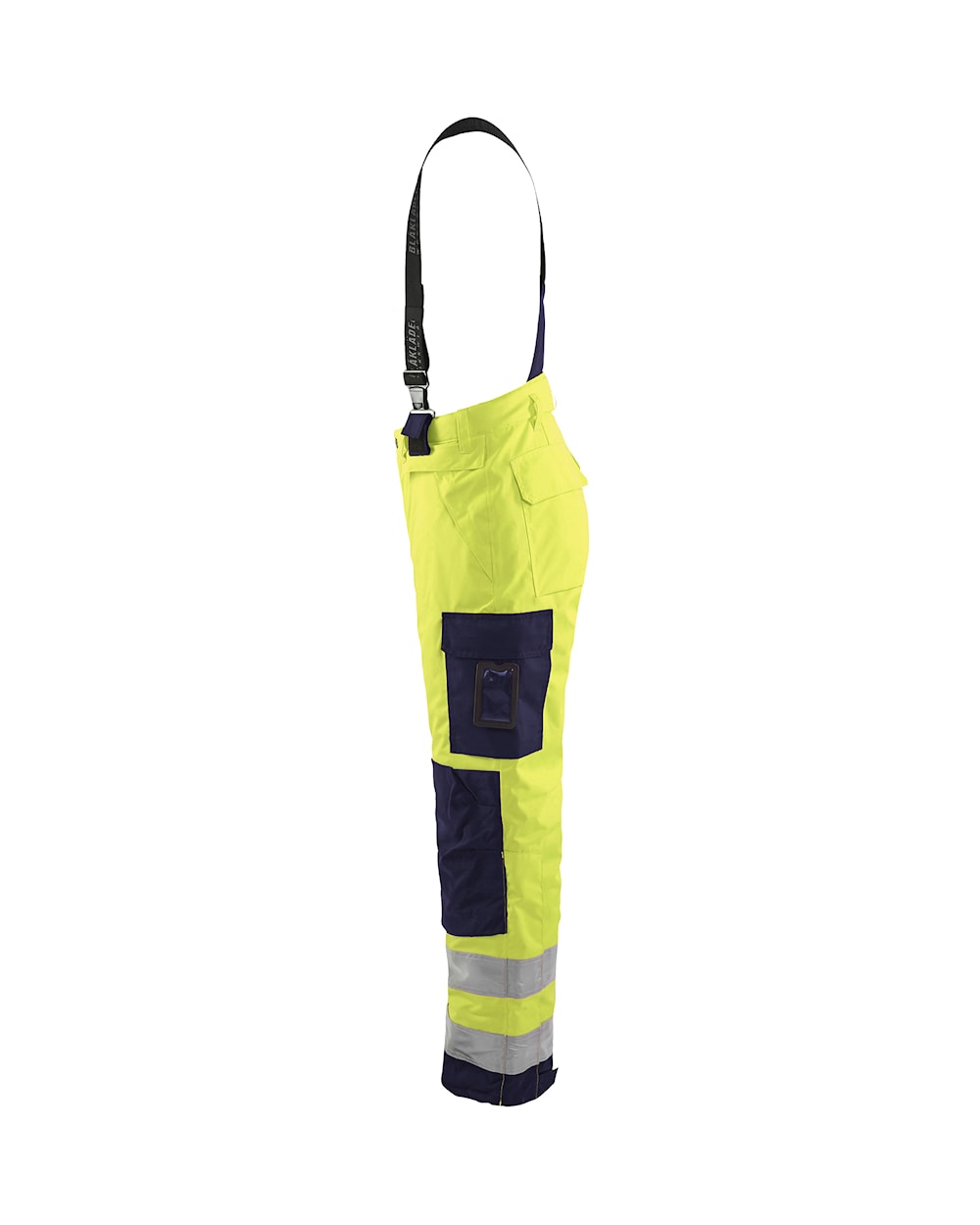 Latzhose Winter Warnschutz, HighVis-Gelb-Marineblau, Ansicht von links